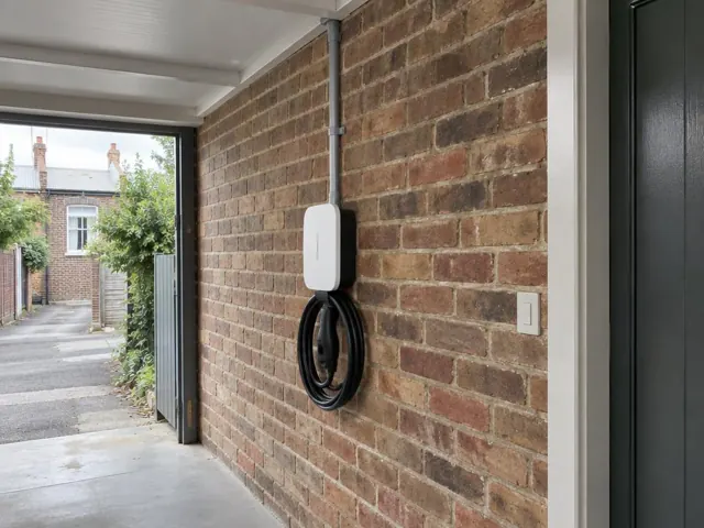 Wall-mounted EV charger on a brick carport wall beside a driveway in Crows Nest